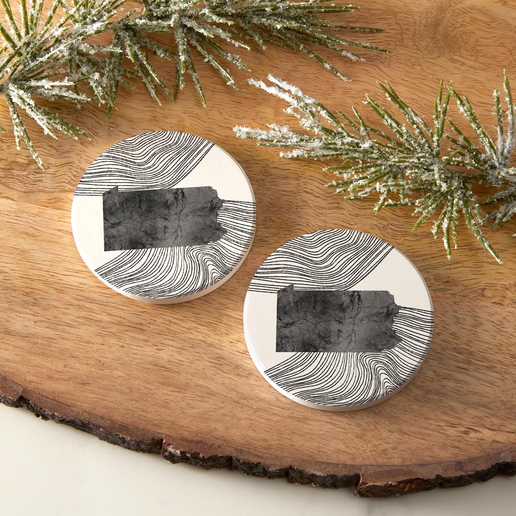Minimalistic B&W Pennsylvania Shape Fluid Lines | Absorbent Car Coasters | Set of 2 | Min 4