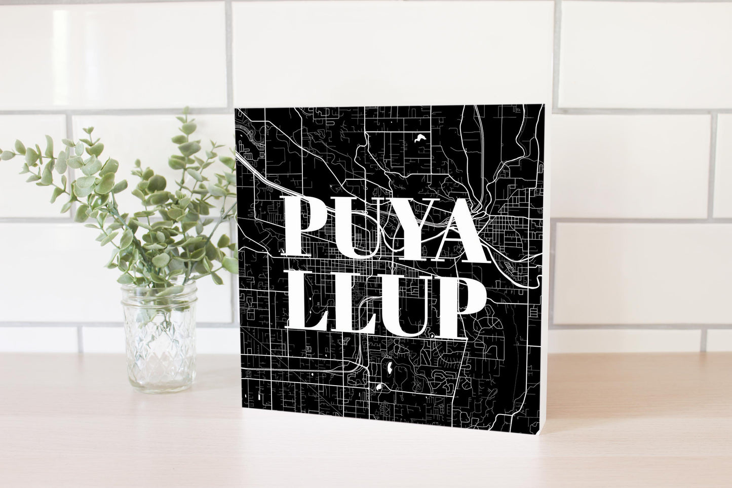 Minimalistic B&W Washington Puyallup Map | Wood Block | Eaches | Min 2