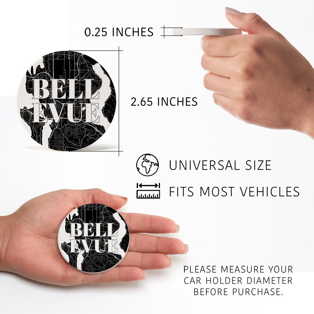Minimalistic B&W Washington Bellevue Map| Absorbent Car Coasters | Set of 2 | Min 4