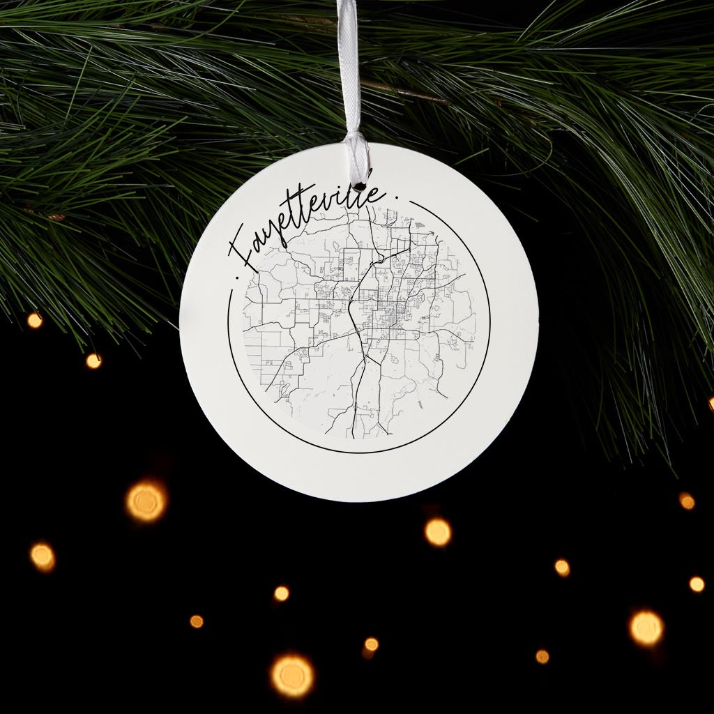 B&W Minimalist Arkansas Fayetteville Circle Map | Wood Ornament | Eaches | Min 6