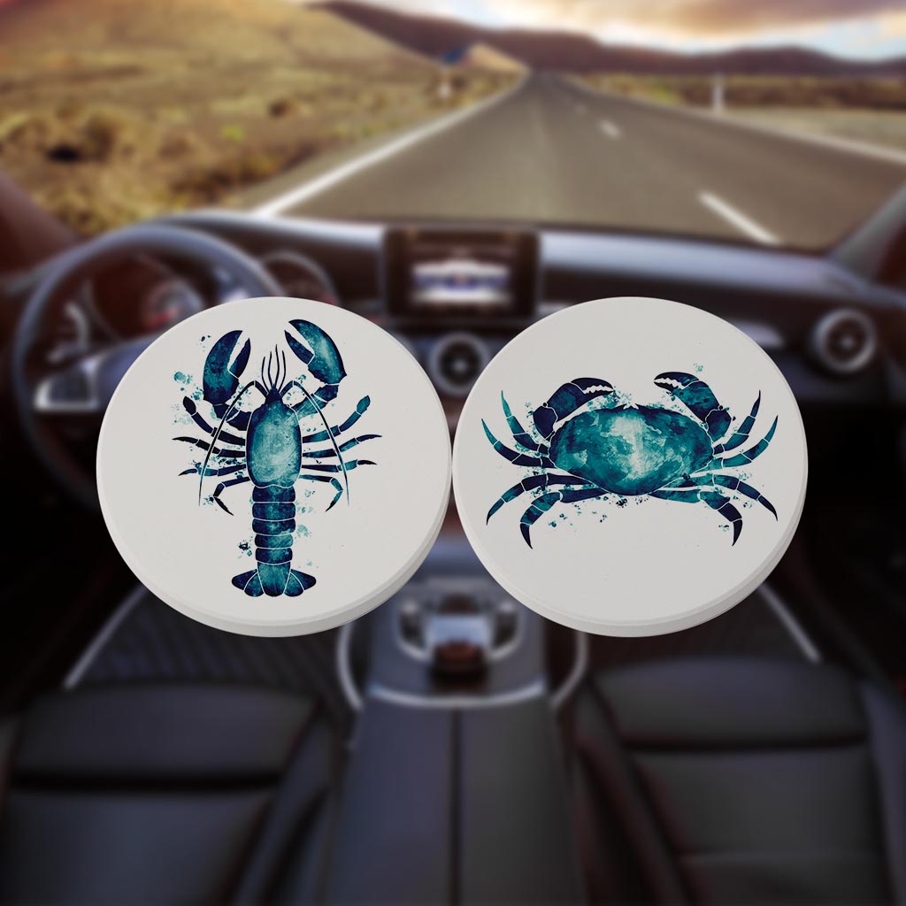 New England Water Color Crab Lobster| Absorbent Car Coasters | Set of 2 | Min 4
