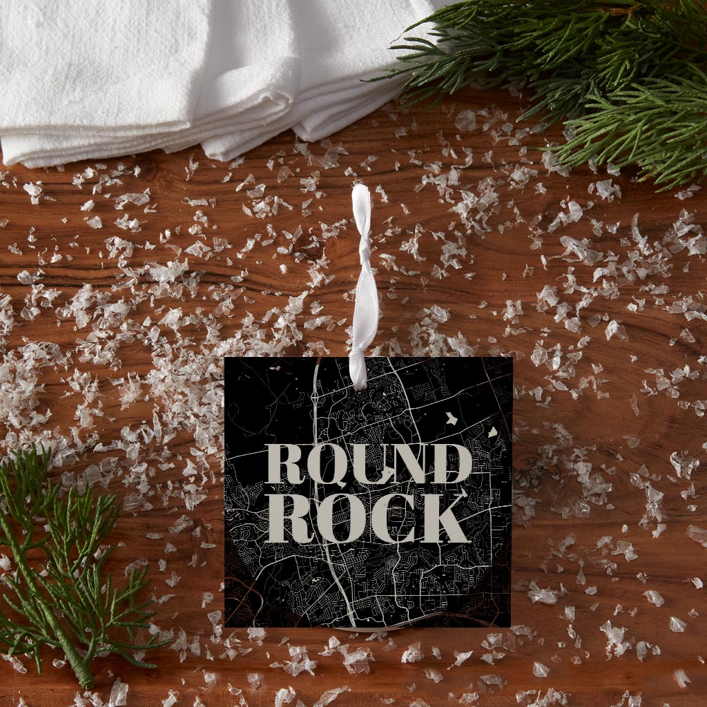 Minimalistic B&W Texas Round Rock Map | Wood Ornament | Eaches | Min 6