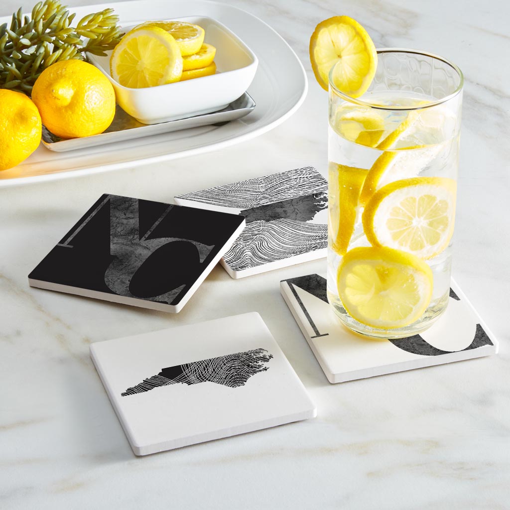 Minimalistic B&W North Carolina Initials State Shapes | Absorbent Coasters | Set of 4 | Min 2