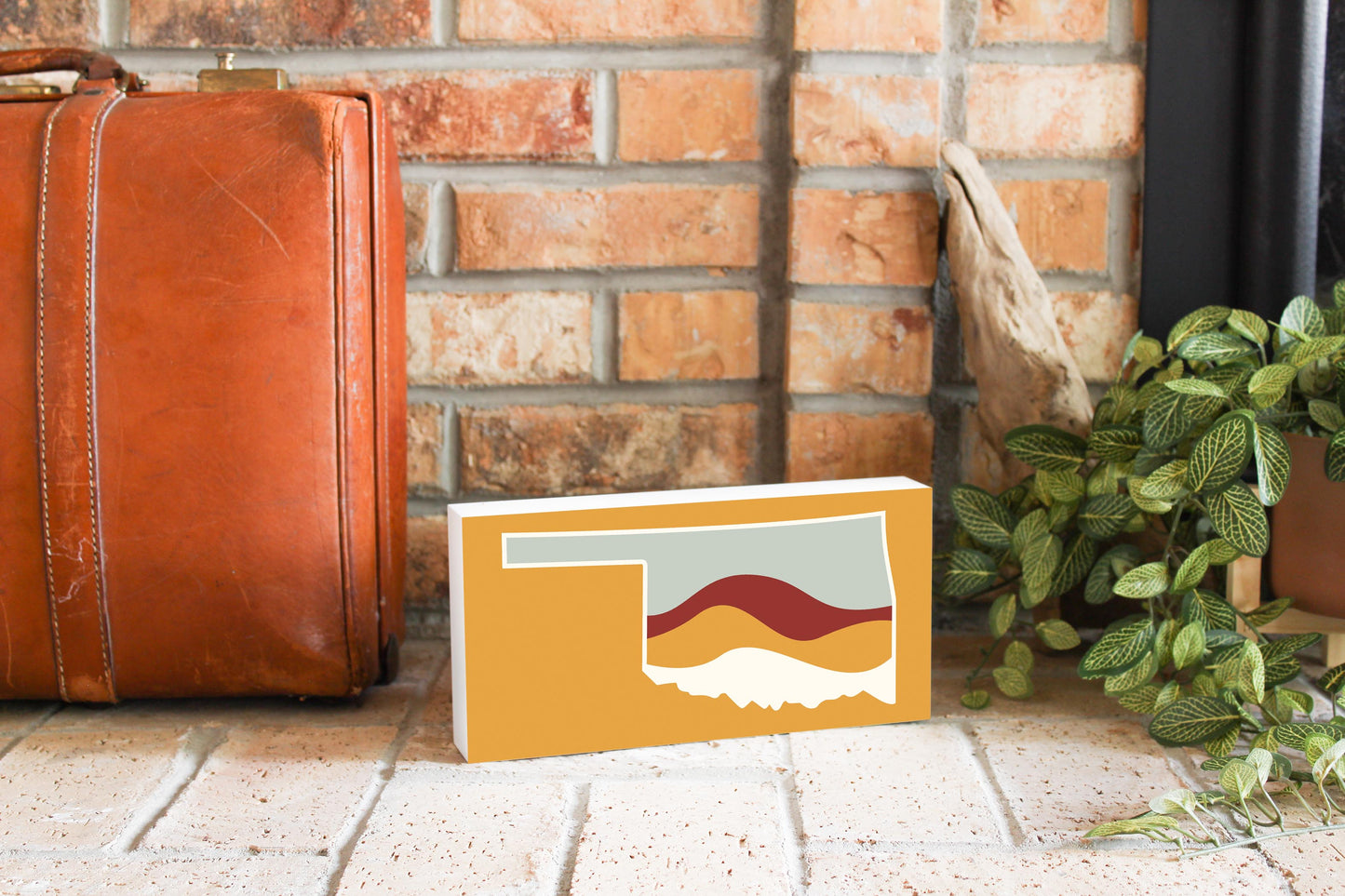 Modern Minimalist Oklahoma Orange Retro State Shape With Hills | Wood Block | Eaches | Min 4