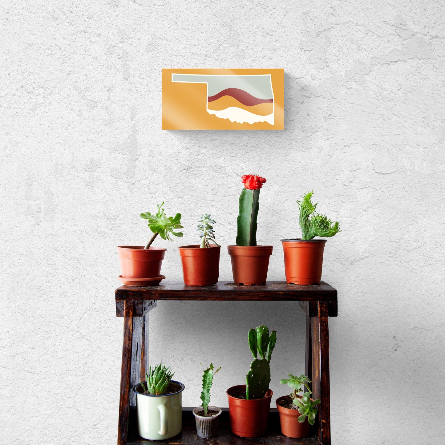 Modern Minimalist Oklahoma Orange Retro State Shape With Hills | Hi-Def Glass Art | Eaches | Min 2