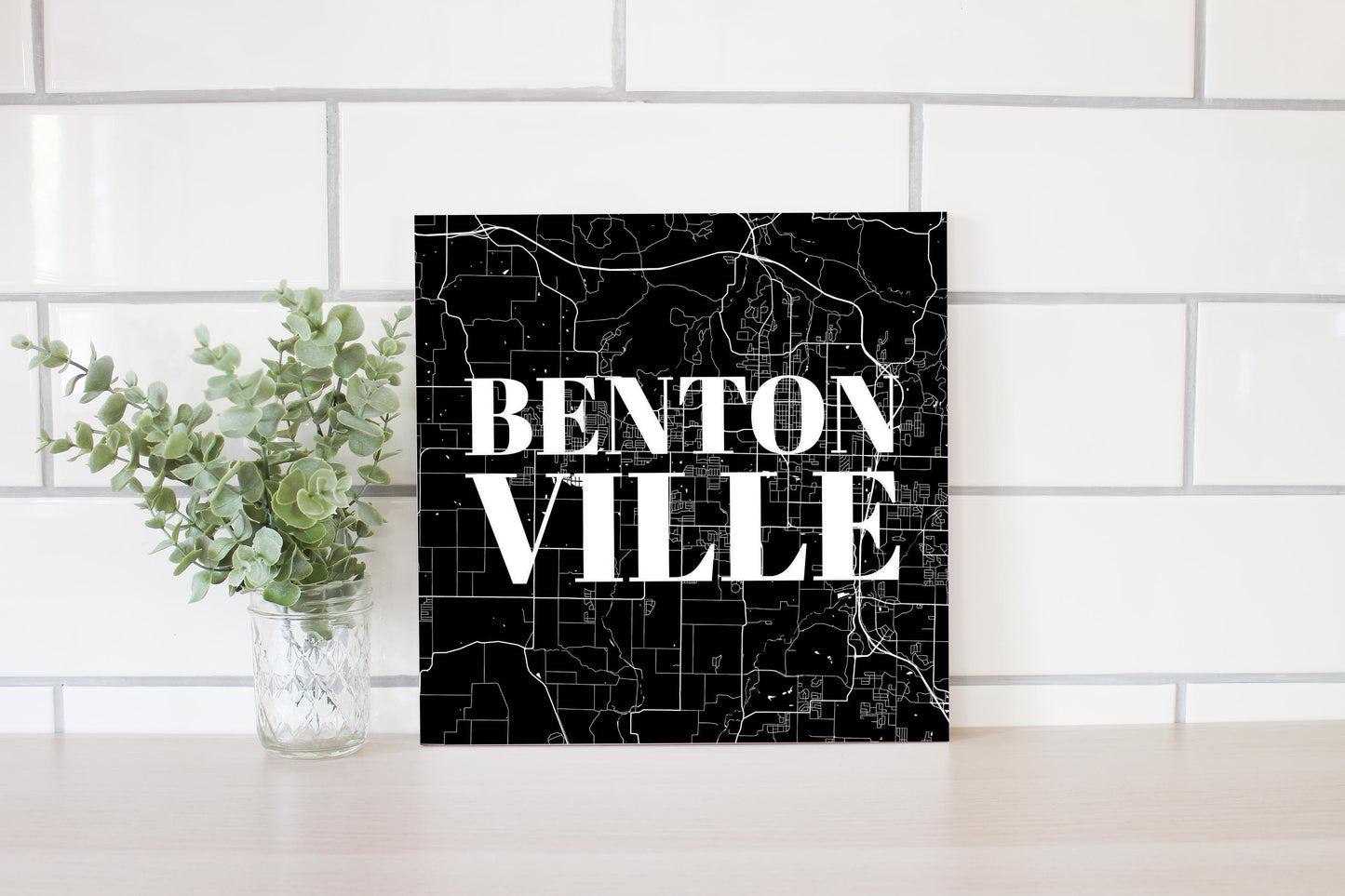 Minimalist B&W Arkansas Bentonville Map | Wood Sign | Eaches | Min 2