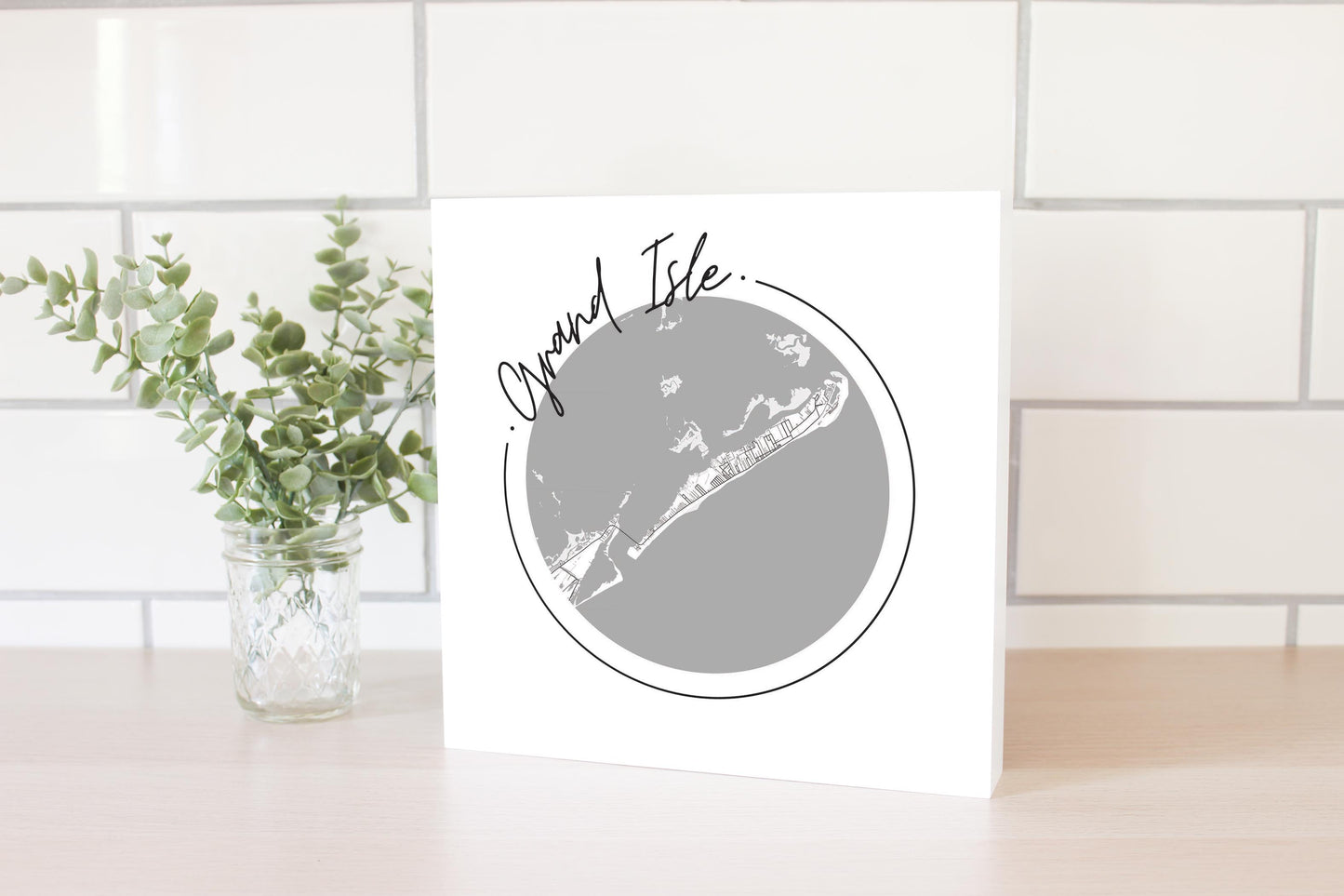 Minimalist B&W Louisiana Grand Isle Circle Map | Wood Block | Eaches | Min 2