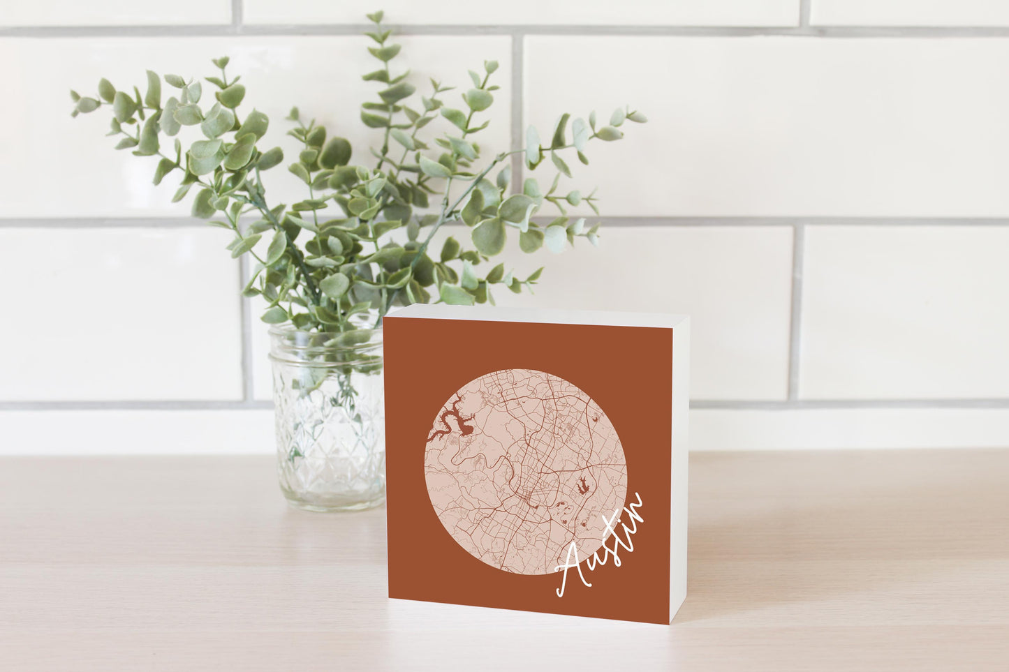 Modern Minimalist Texas Austin Circle Map | Wood Block | Eaches | Min 4