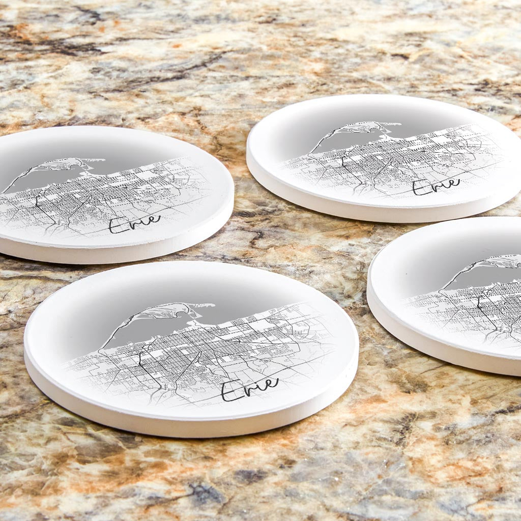 Minimalistic B&W Pennsylvania Erie Circle Map | Absorbent Coasters | Set of 4 | Min 2