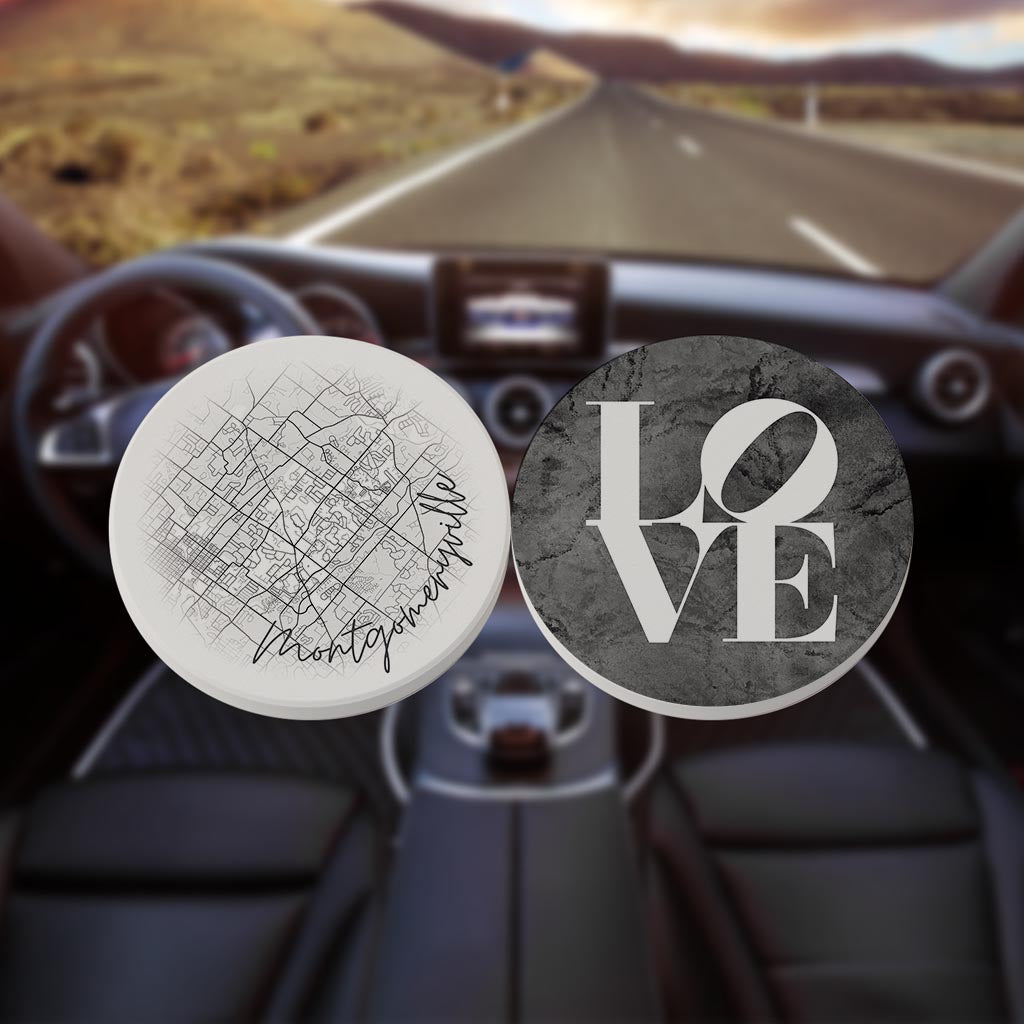 Minimalistic B&W Pennsylvania Montgomeryville Circle Love| Absorbent Car Coasters | Set of 2 | Min 4