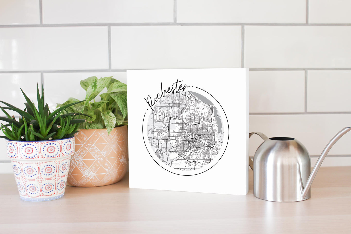 Minimalistic B&W New York Rochester Circle Map | Wood Block | Eaches | Min 2