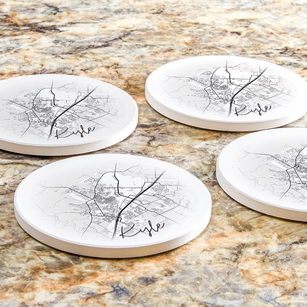 Minimalistic B&W Texas Kyle Circle Map | Absorbent Coasters | Set of 4 | Min 2