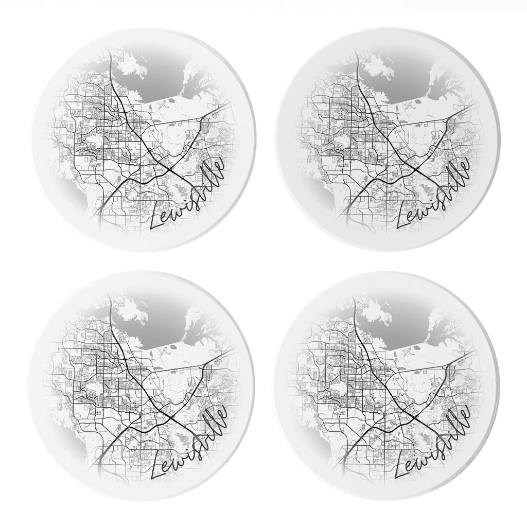 Minimalistic B&W Texas Lewisville Circle Map | Absorbent Coasters | Set of 4 | Min 2