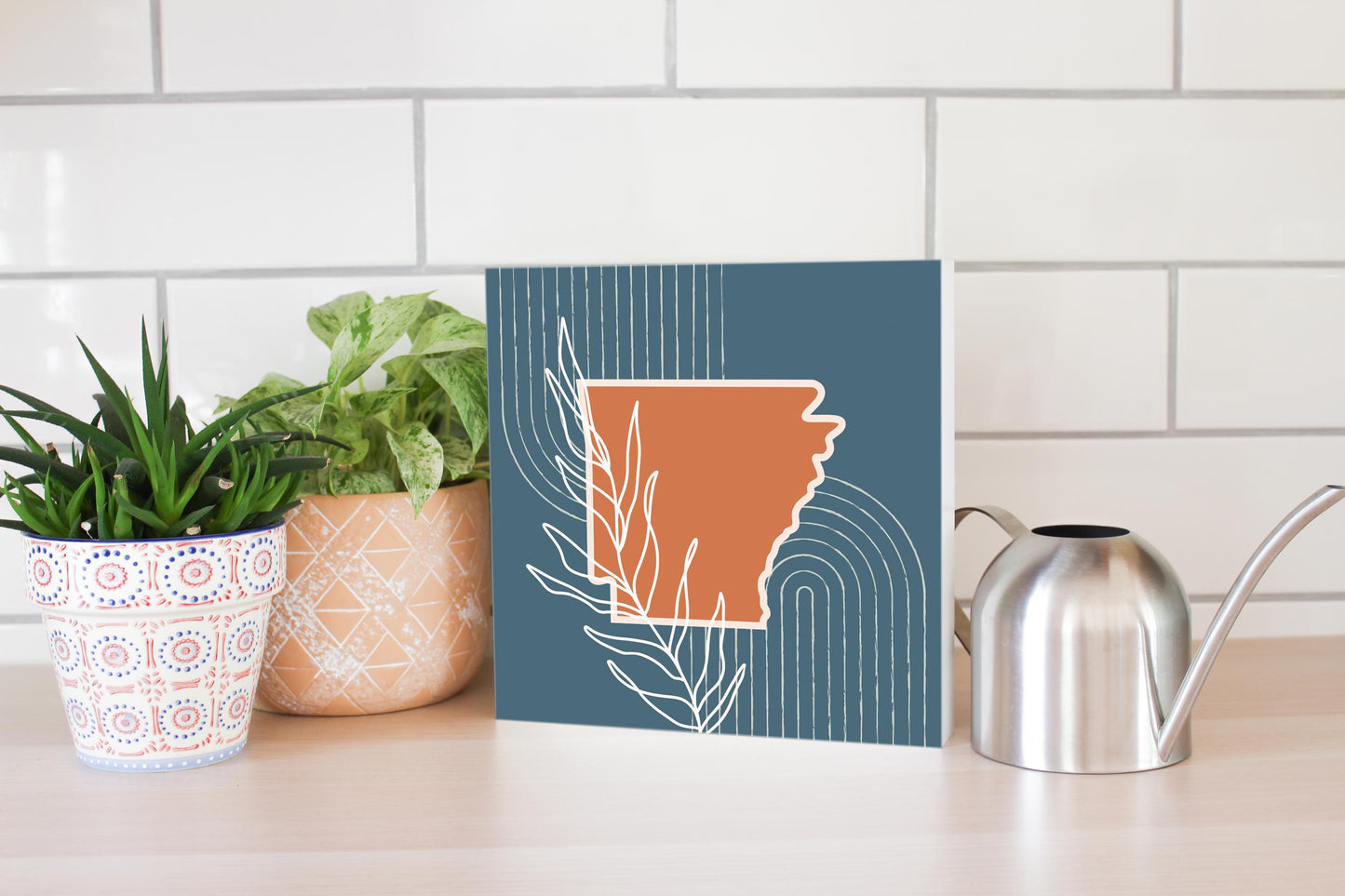 Modern Minimalist Arkansas State Shape With Leaf | Wood Block | Eaches | Min 2