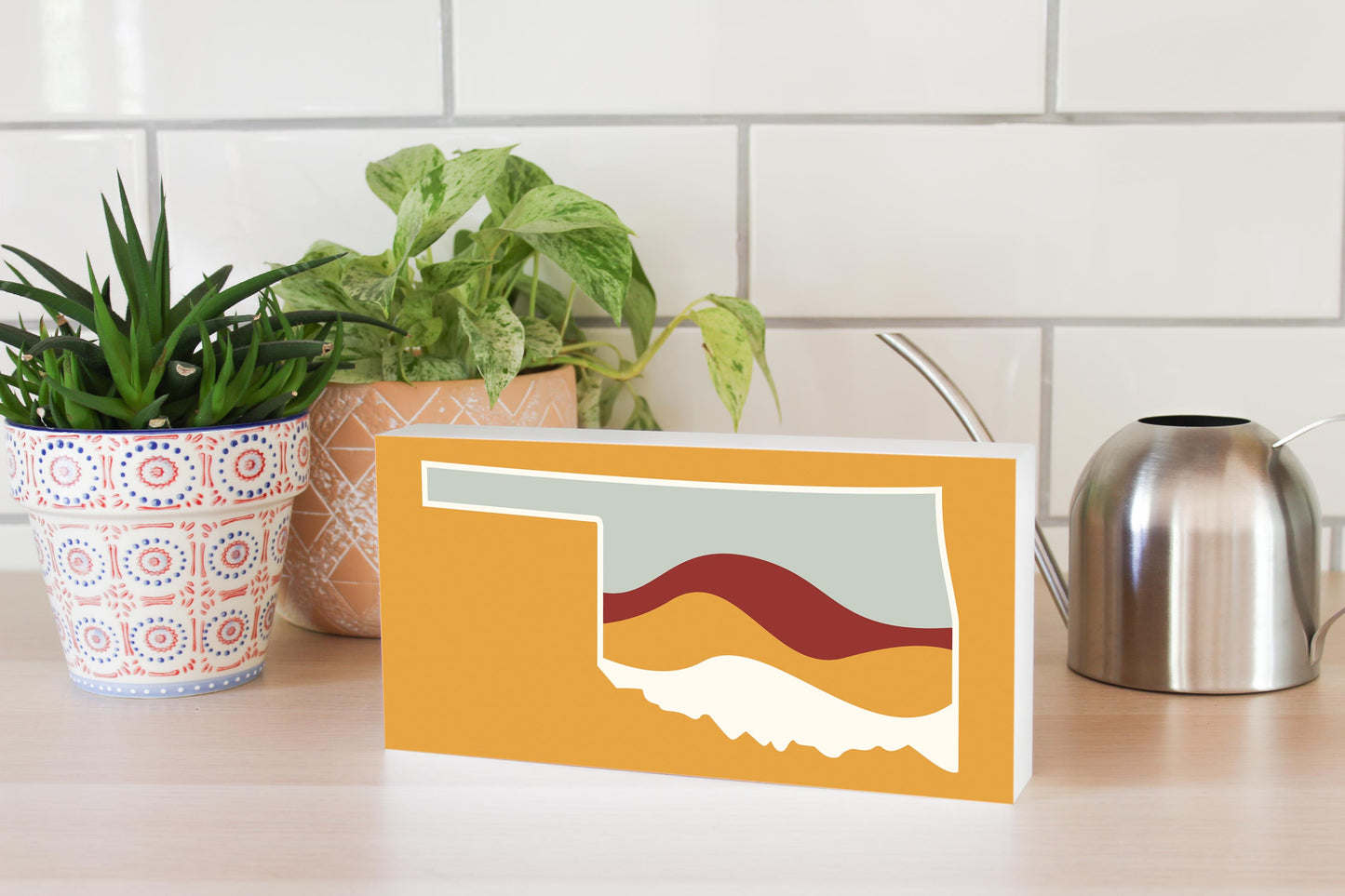 Modern Minimalist Oklahoma Orange Retro State Shape With Hills | Wood Block | Eaches | Min 4