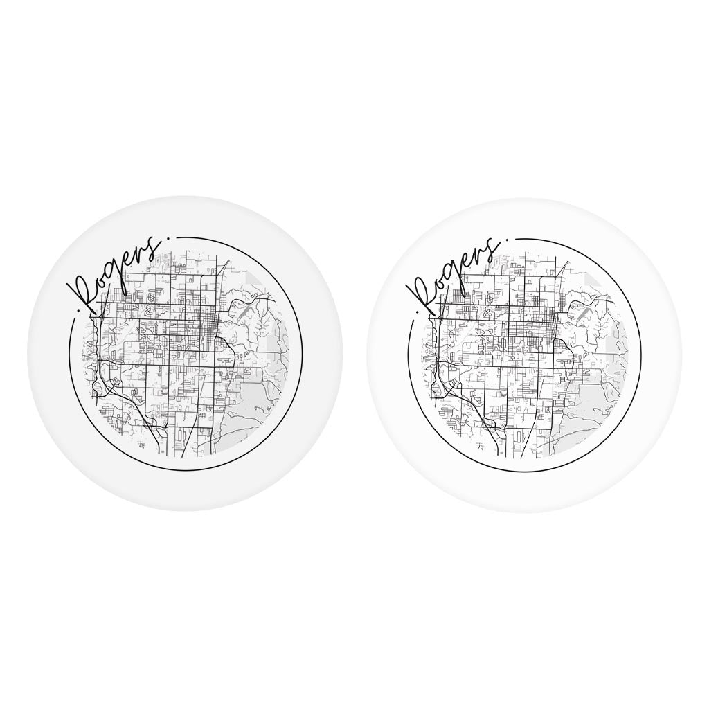 Minimalist B&W Arkansas Rogers Circle Map | Absorbent Car Coasters | Set of 2 | Min 4