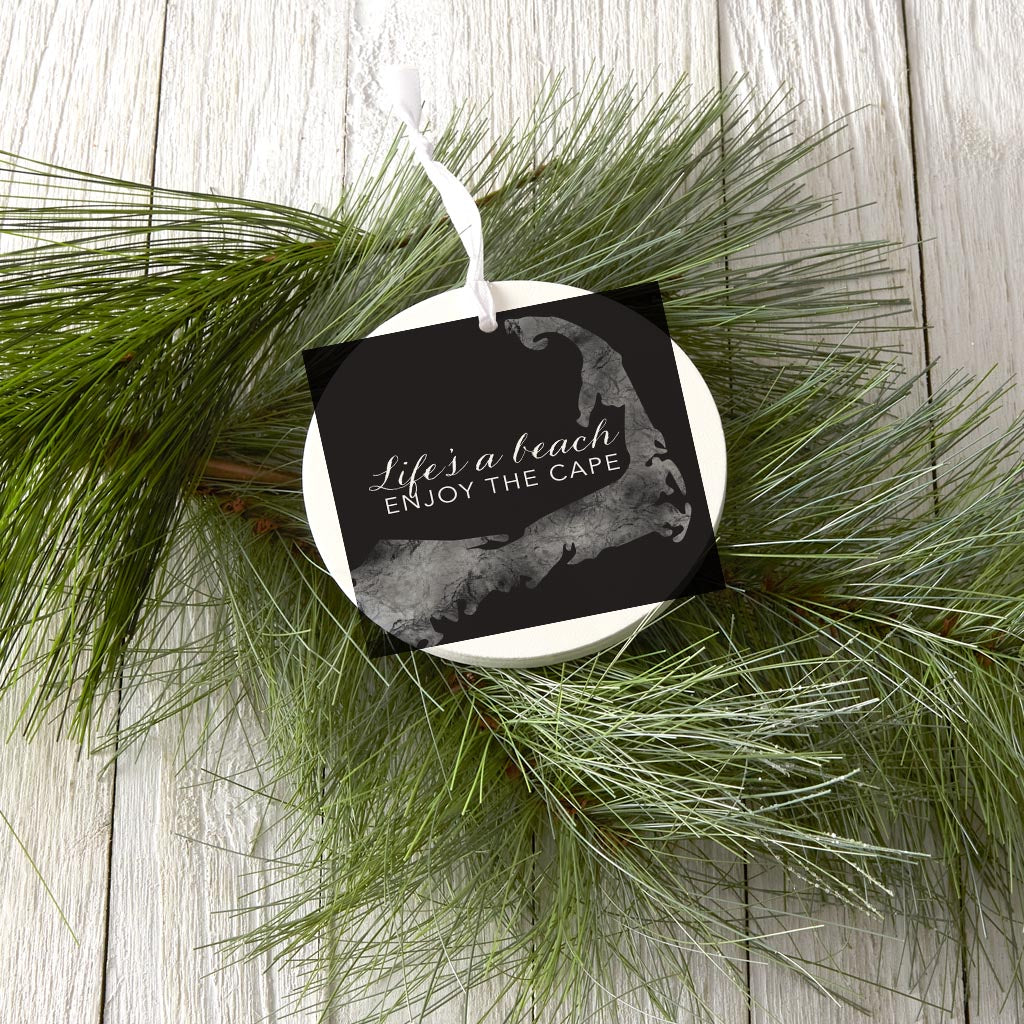 Minimalistic B&W Cape Cod Lifes A Beach | Wood Ornament | Eaches | Min 6
