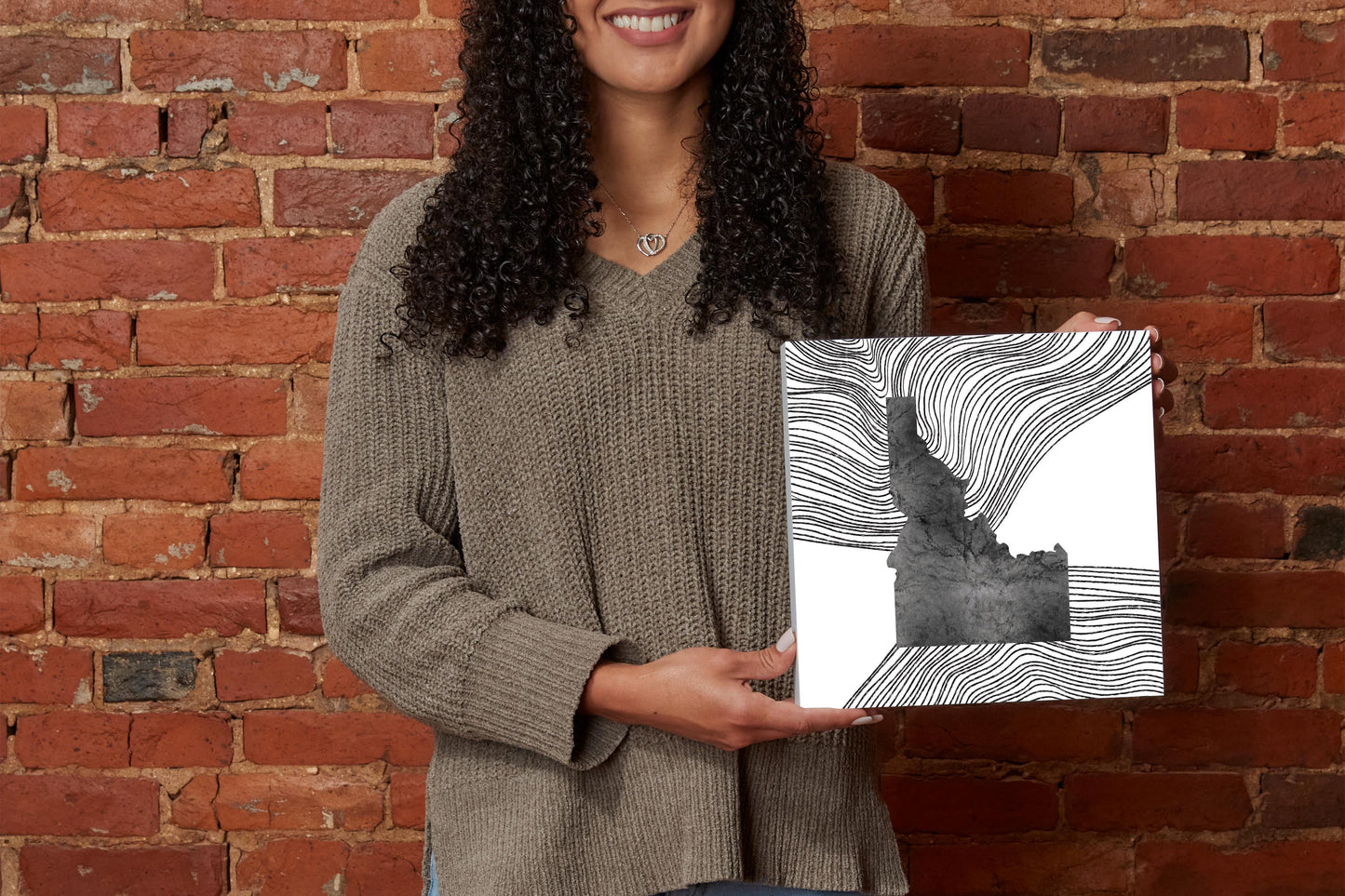 Minimalist B&W Idaho State With Fluid Lines | Wood Block | Eaches | Min 2