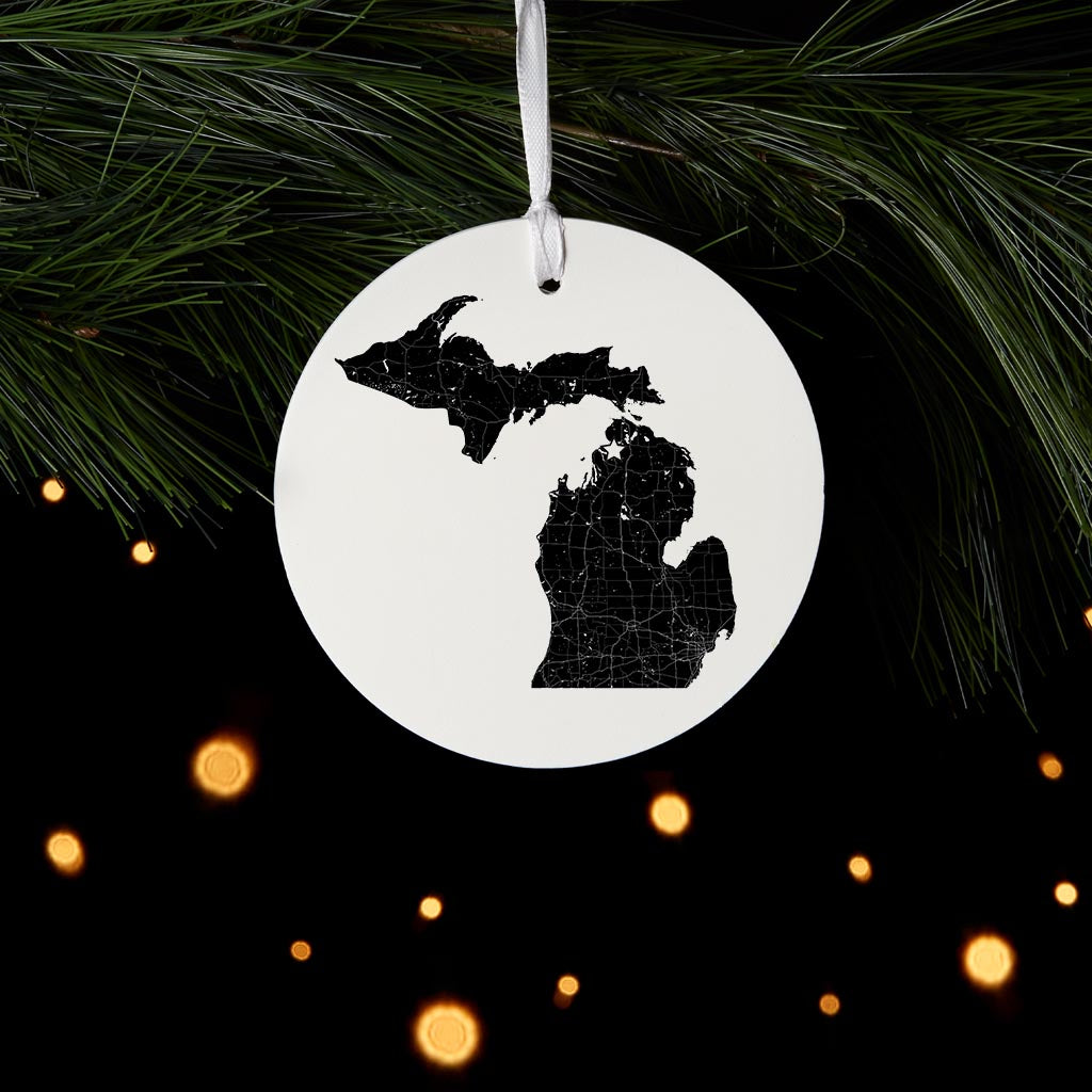 Minimalistic B&W Michigan Map Petoskey Star | Wood Ornament | Eaches | Min 6