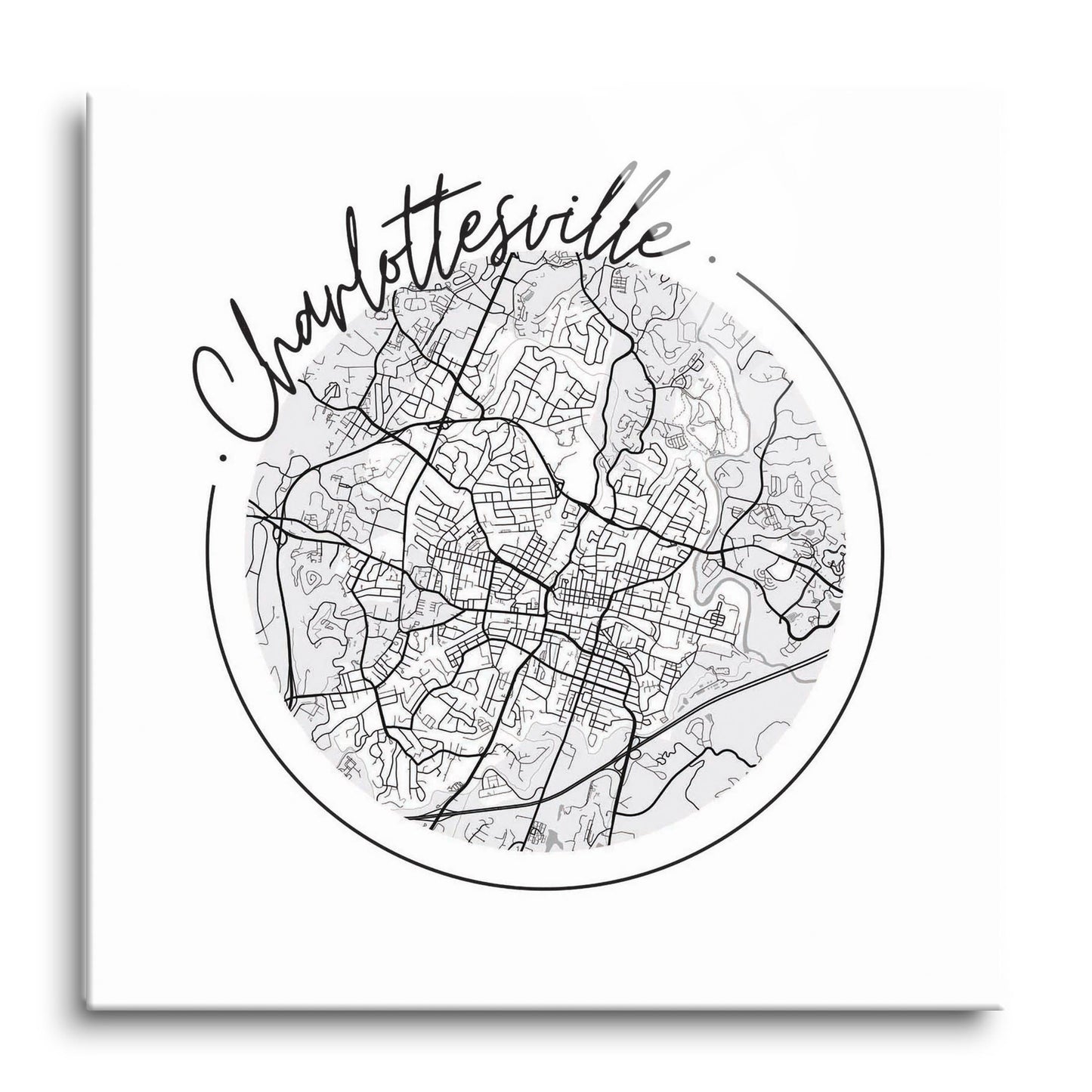 Minimalistic B&W Virginia Charlottesville Circle Map | Hi-Def Glass Art | Eaches | Min 1