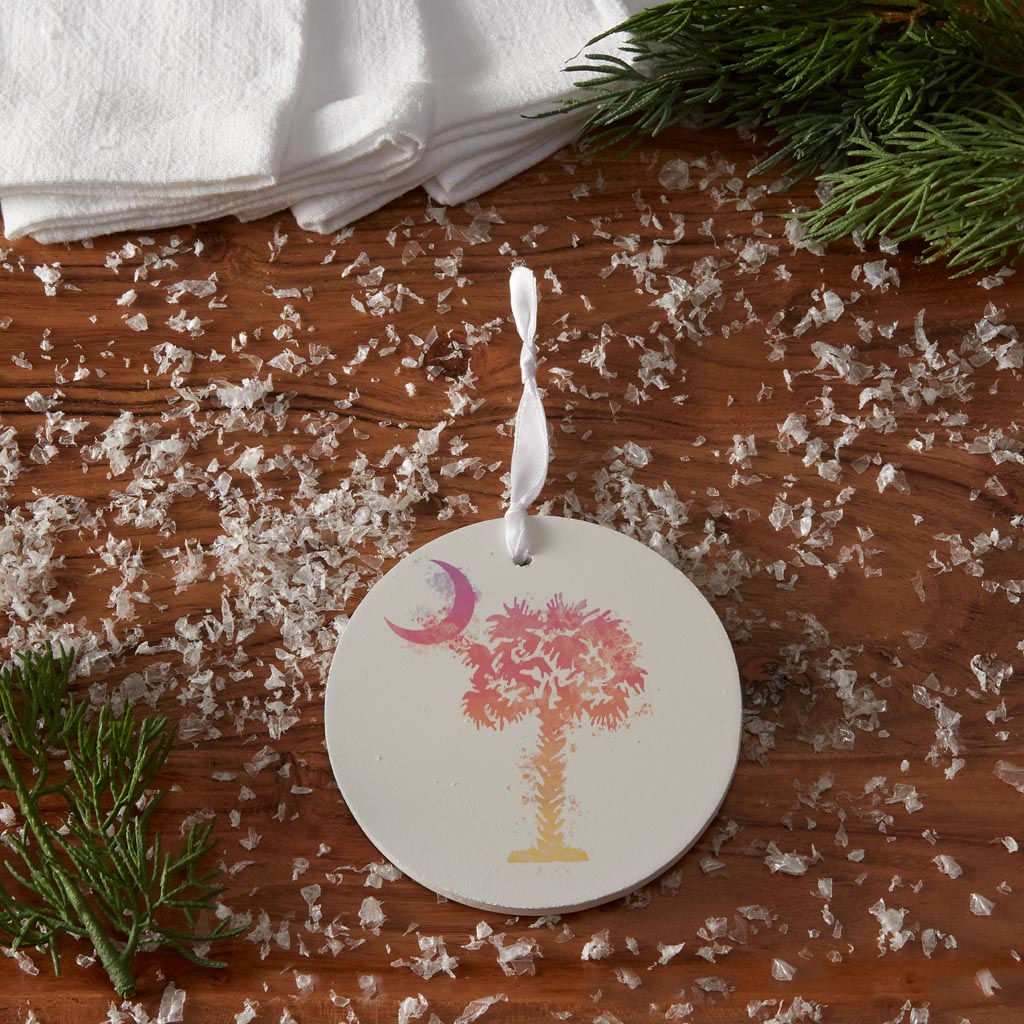South Carolina Pink Water Color Palm Trees On White | Wood Ornament | Eaches | Min 6