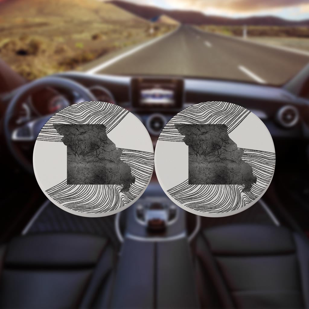Minimalist B&W Missouri State With Fluid Lines | Absorbent Car Coasters | Set of 2 | Min 4