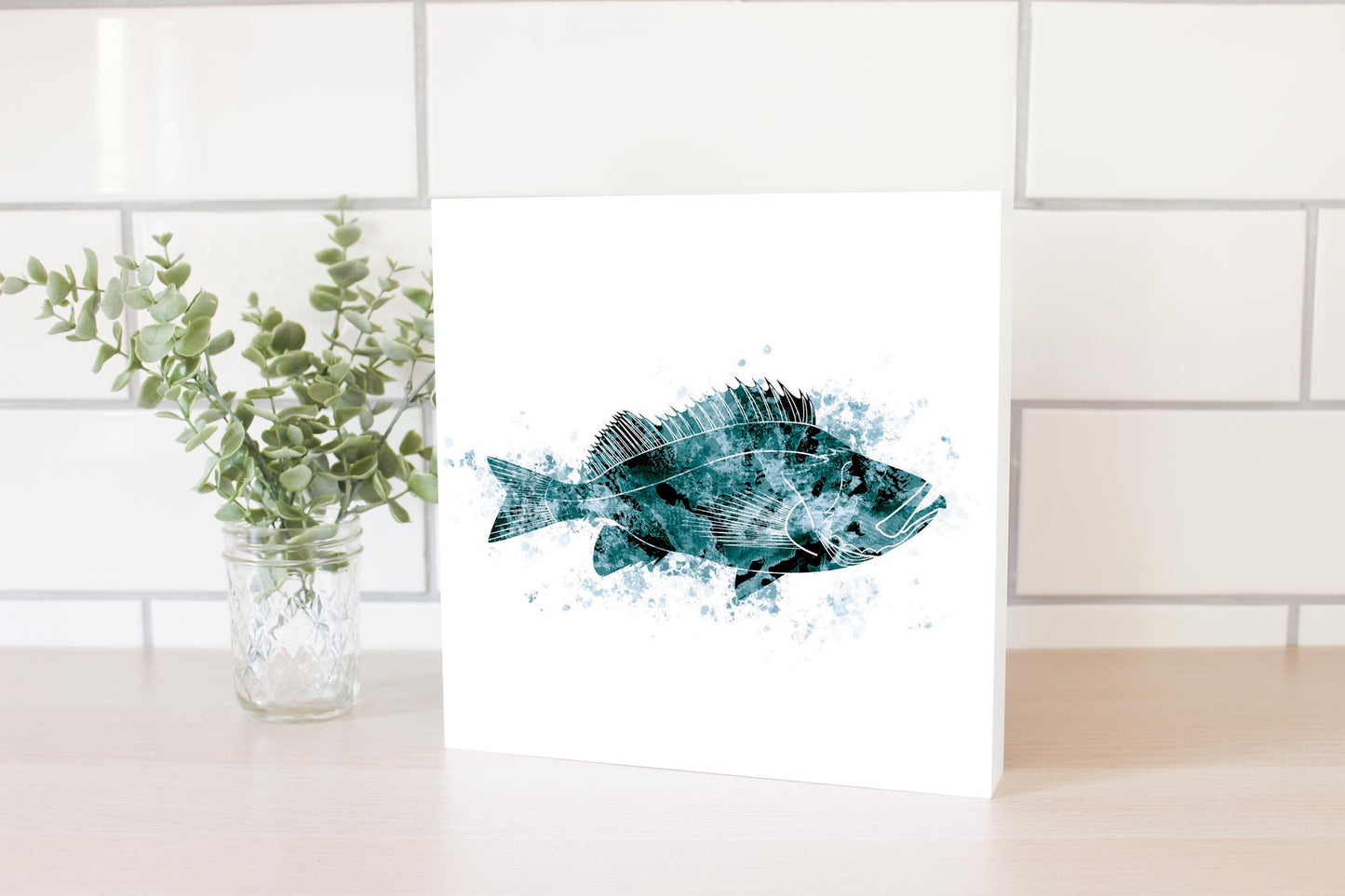 Blue White Water Color Red Fish | Wood Block | Eaches | Min 2