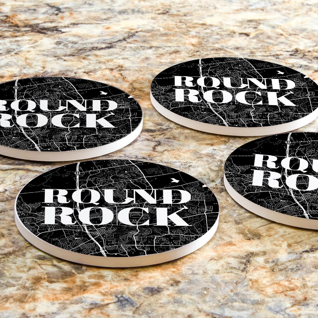 Minimalistic B&W Texas Round Rock Map | Absorbent Coasters | Set of 4 | Min 2