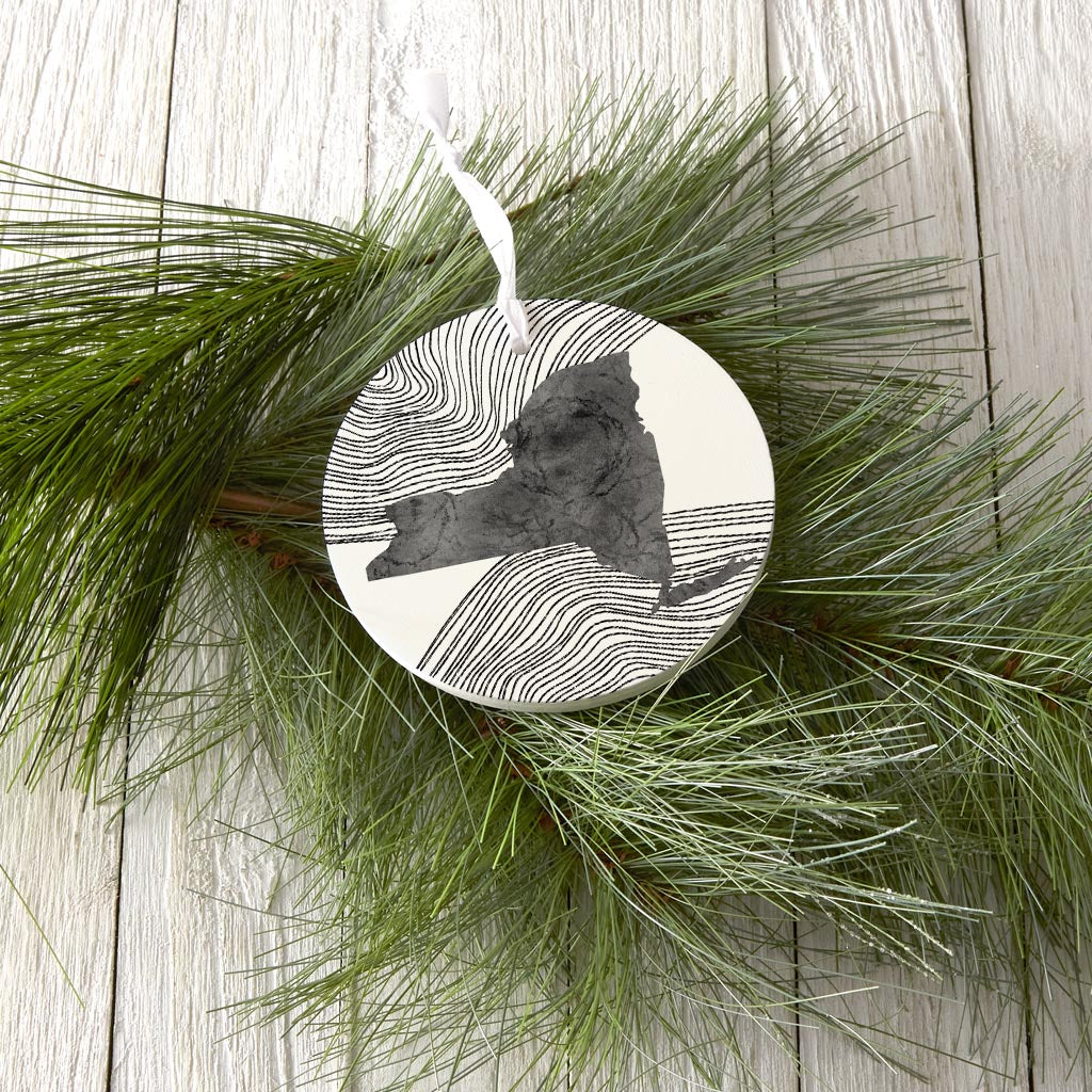 Minimalistic B&W New York State With Fluid Lines | Wood Ornament | Eaches | Min 6