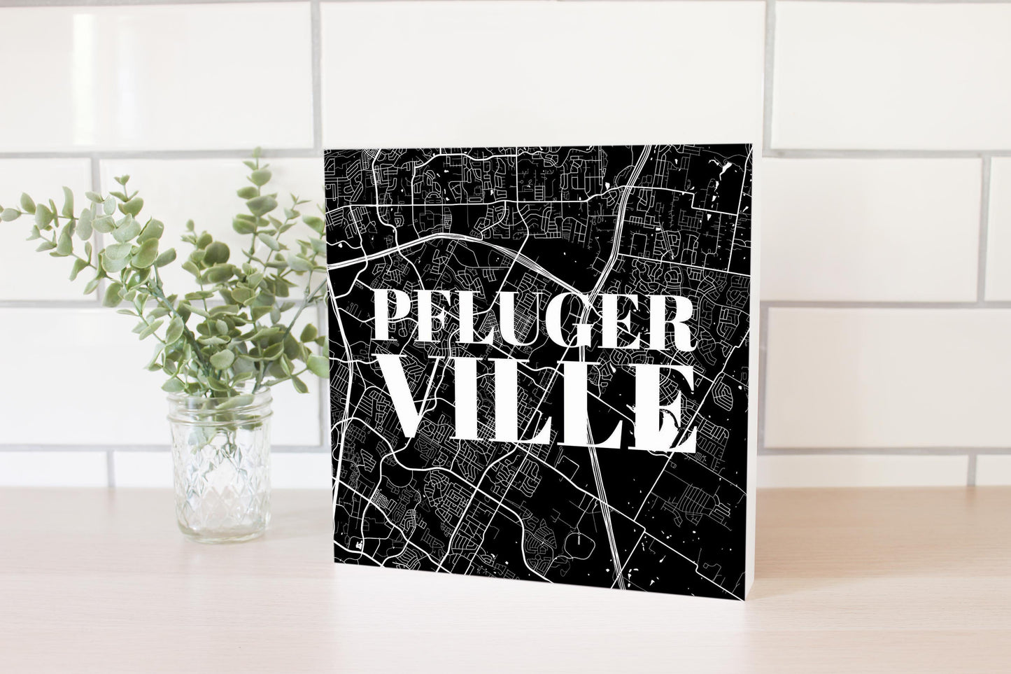Minimalistic B&W Texas Pflugerville Map | Wood Block | Eaches | Min 2