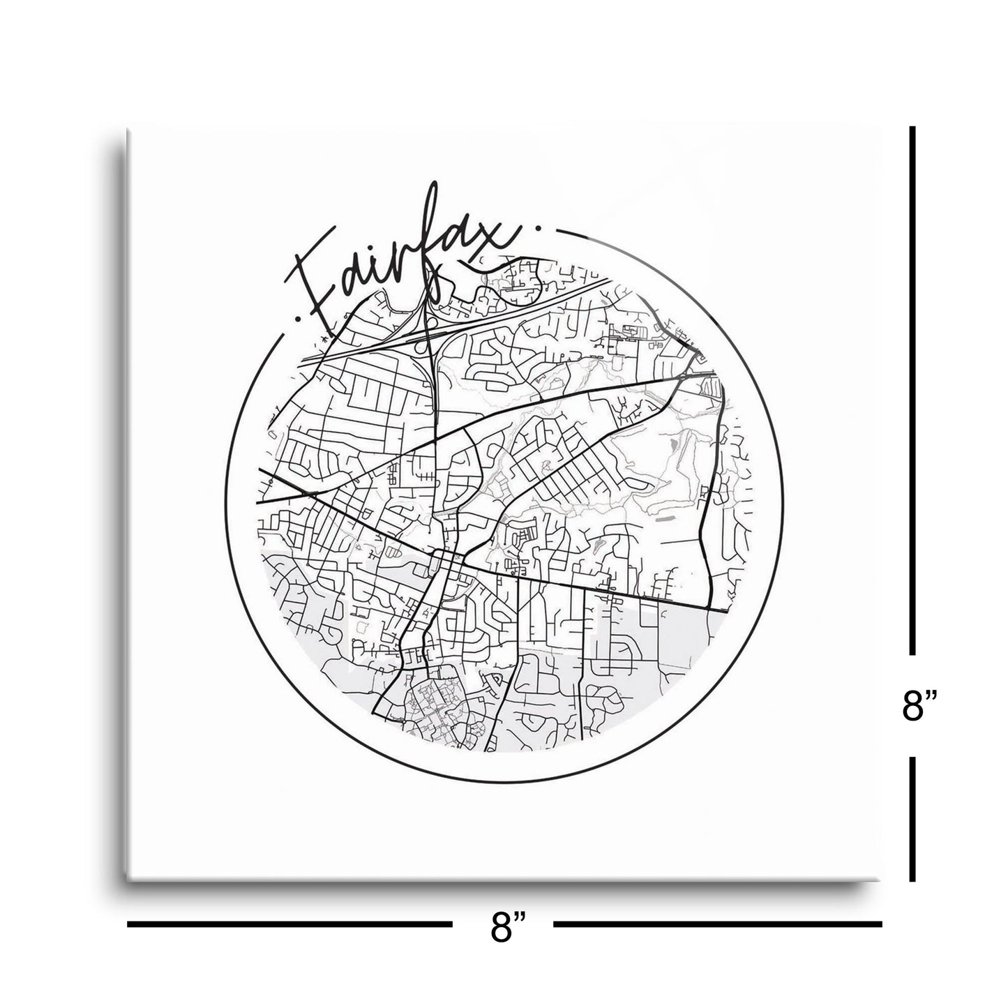Minimalistic B&W Virginia Fairfax Circle Map | Hi-Def Glass Art | Eaches | Min 2