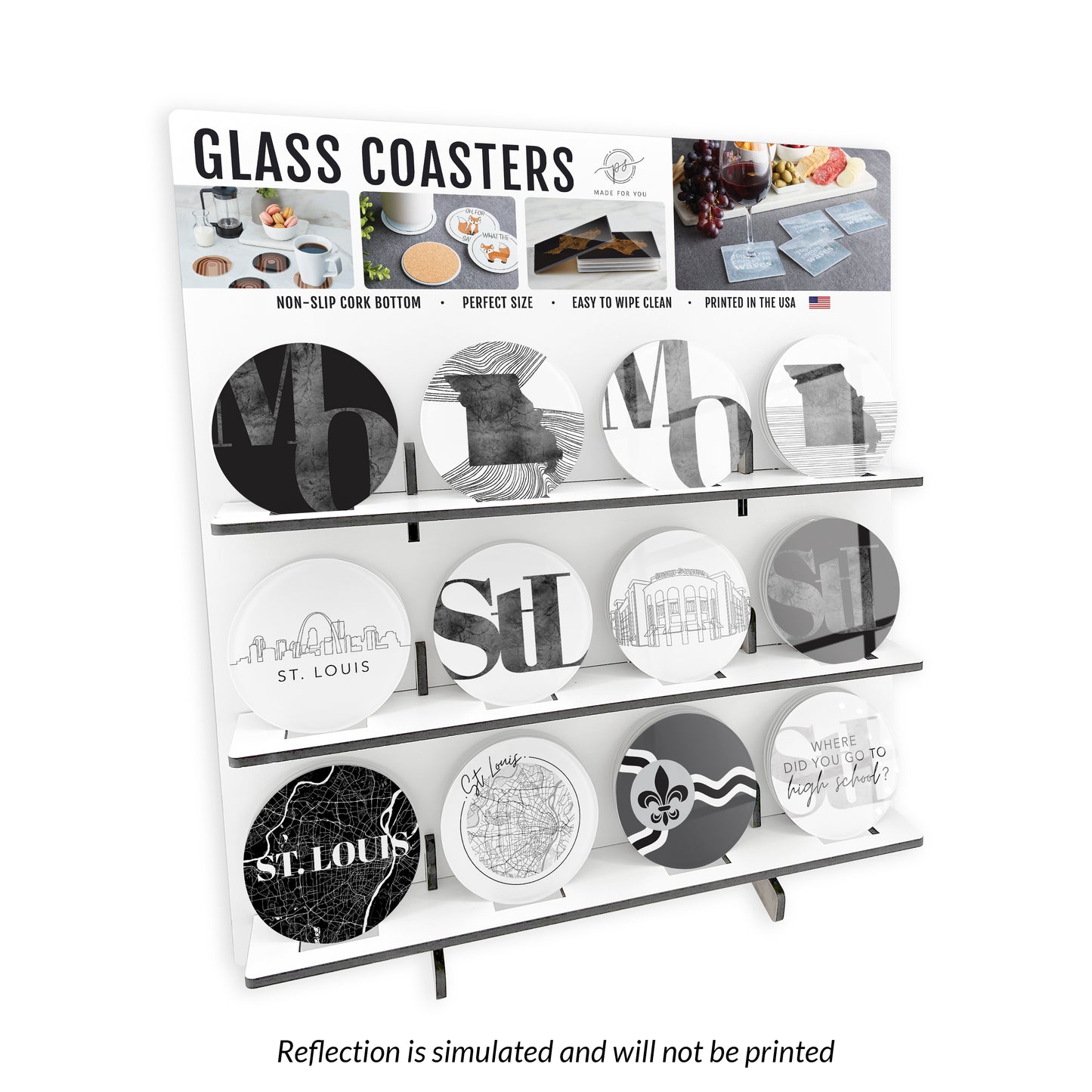 Minimalist B&W Missouri St. Louis Circle Glass Coaster Loaded Display POP Min of 1