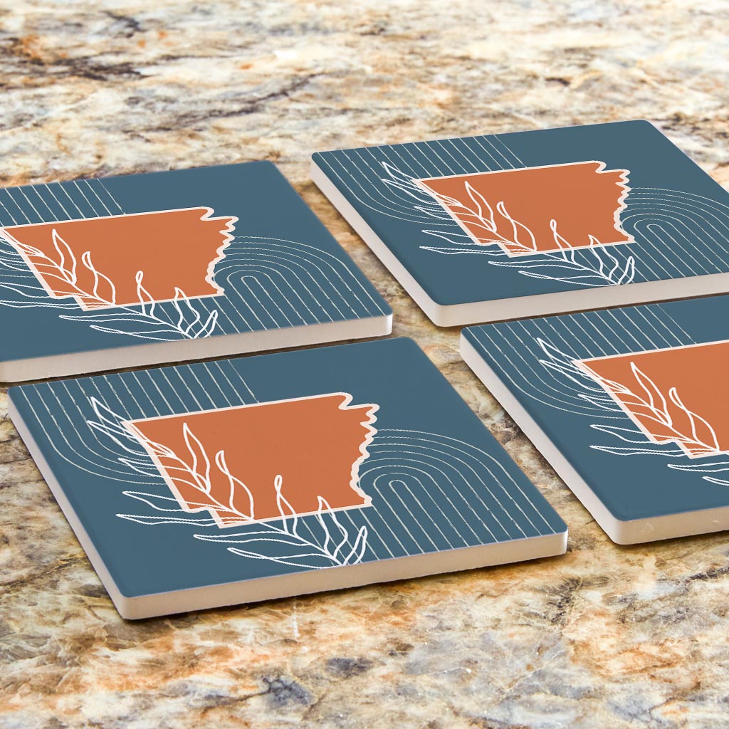 Modern Minimalist Arkansas State Shape With Leaf | Absorbent Coasters | Set of 4 | Min 2