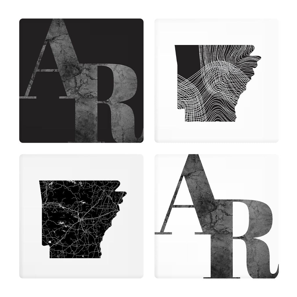 B&W Minimalist Arkansas Initials And State Shapes | Absorbent Coasters | Set of 4 | Min 2