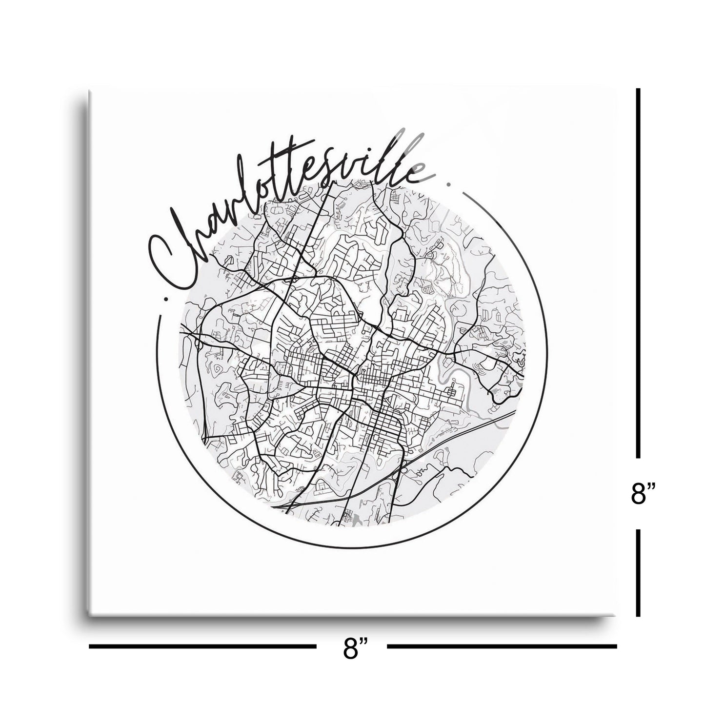 Minimalistic B&W Virginia Charlottesville Circle Map | Hi-Def Glass Art | Eaches | Min 2