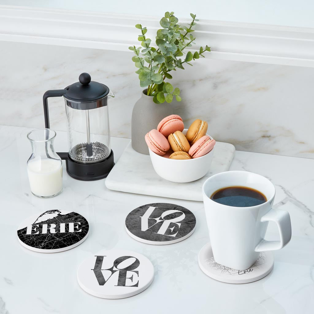 Minimalistic B&W Pennsylvania Erie Maps Love | Absorbent Coasters | Set of 4 | Min 2