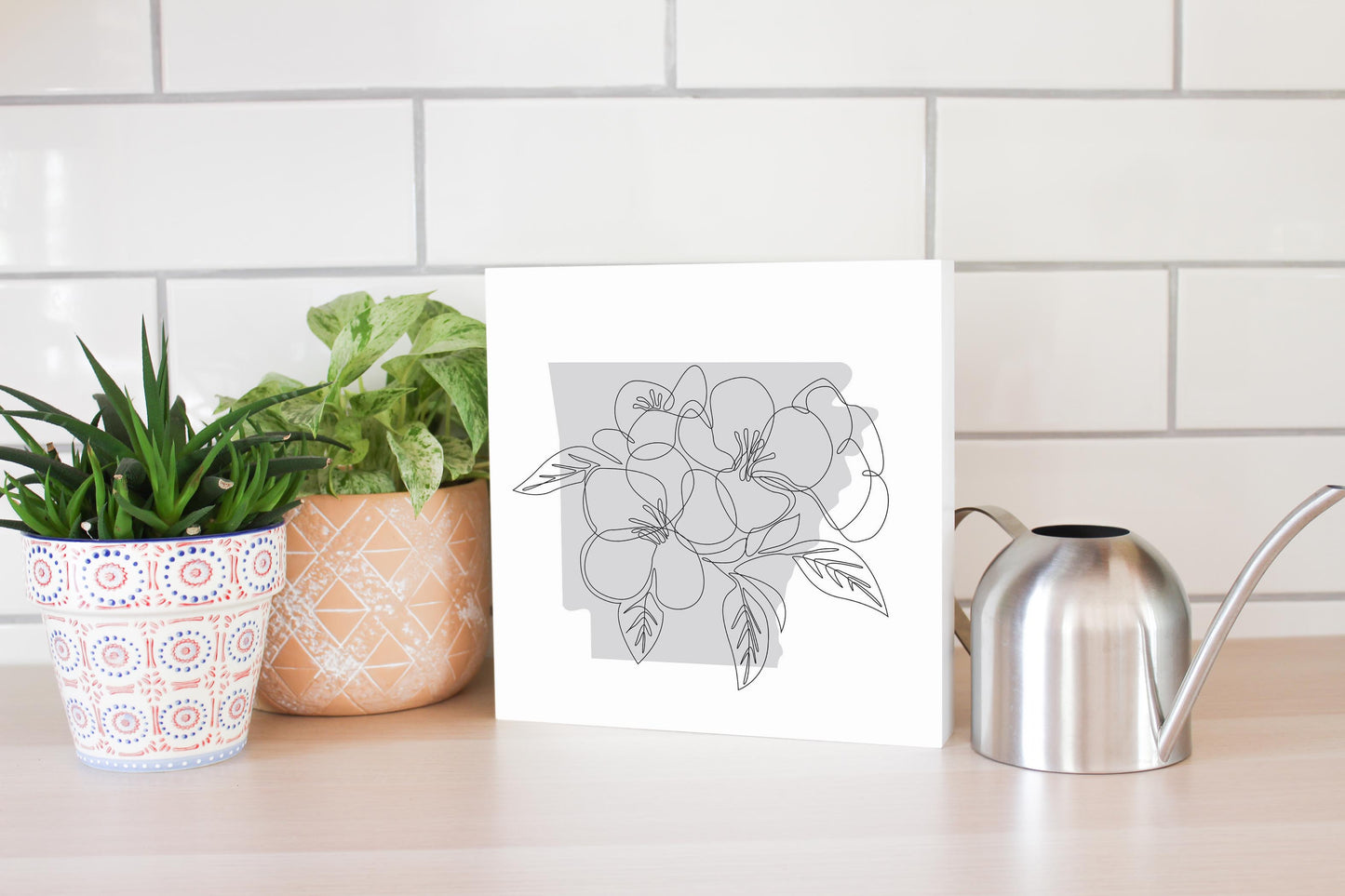B&W Minimalist Arkansas Single Line Apple Blossoms | Wood Block | Eaches | Min 2