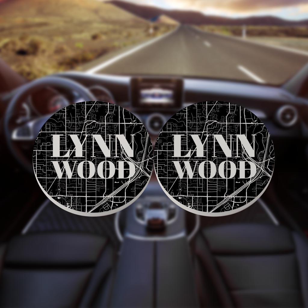 Minimalistic B&W Washington Lynnwood Map | Absorbent Car Coasters | Set of 2 | Min 4