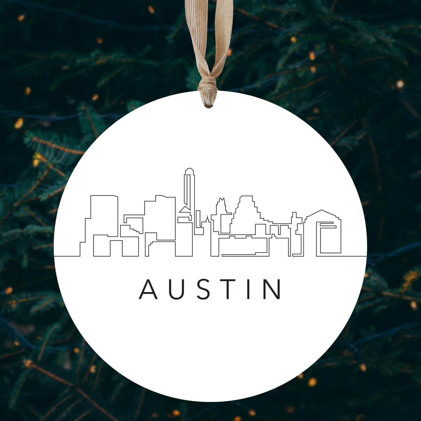 Minimalist B&W Texas Austin Skyline | Wood Ornament | Eaches | Min 1
