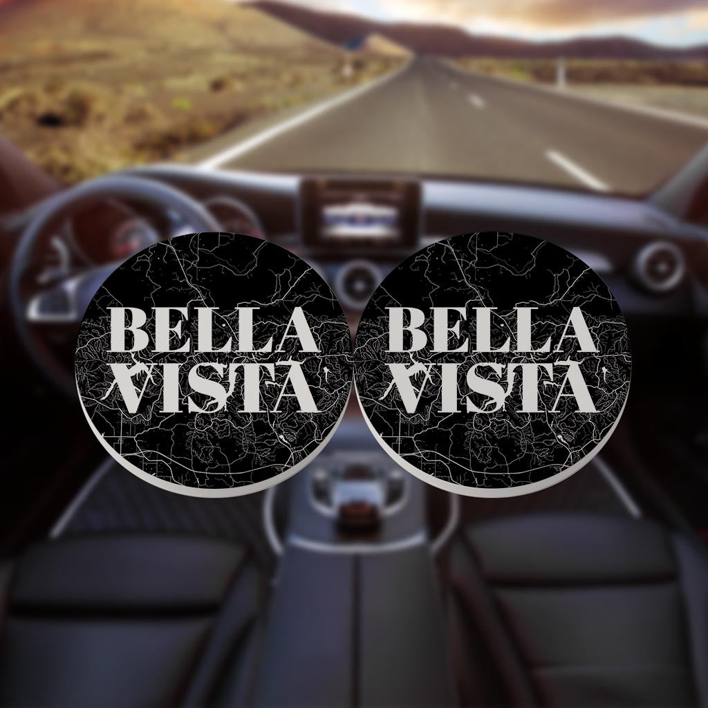 Minimalist B&W Arkansas Bella Vista Map | Absorbent Car Coasters | Set of 2 | Min 4