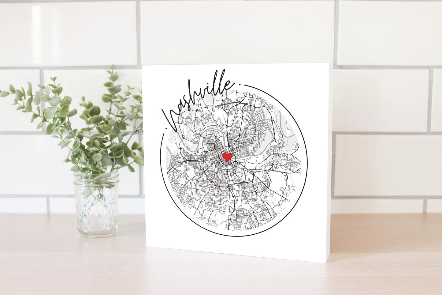 Minimalist B&W Tennessee Nashville Circle Map Heart | Wood Block | Eaches | Min 2