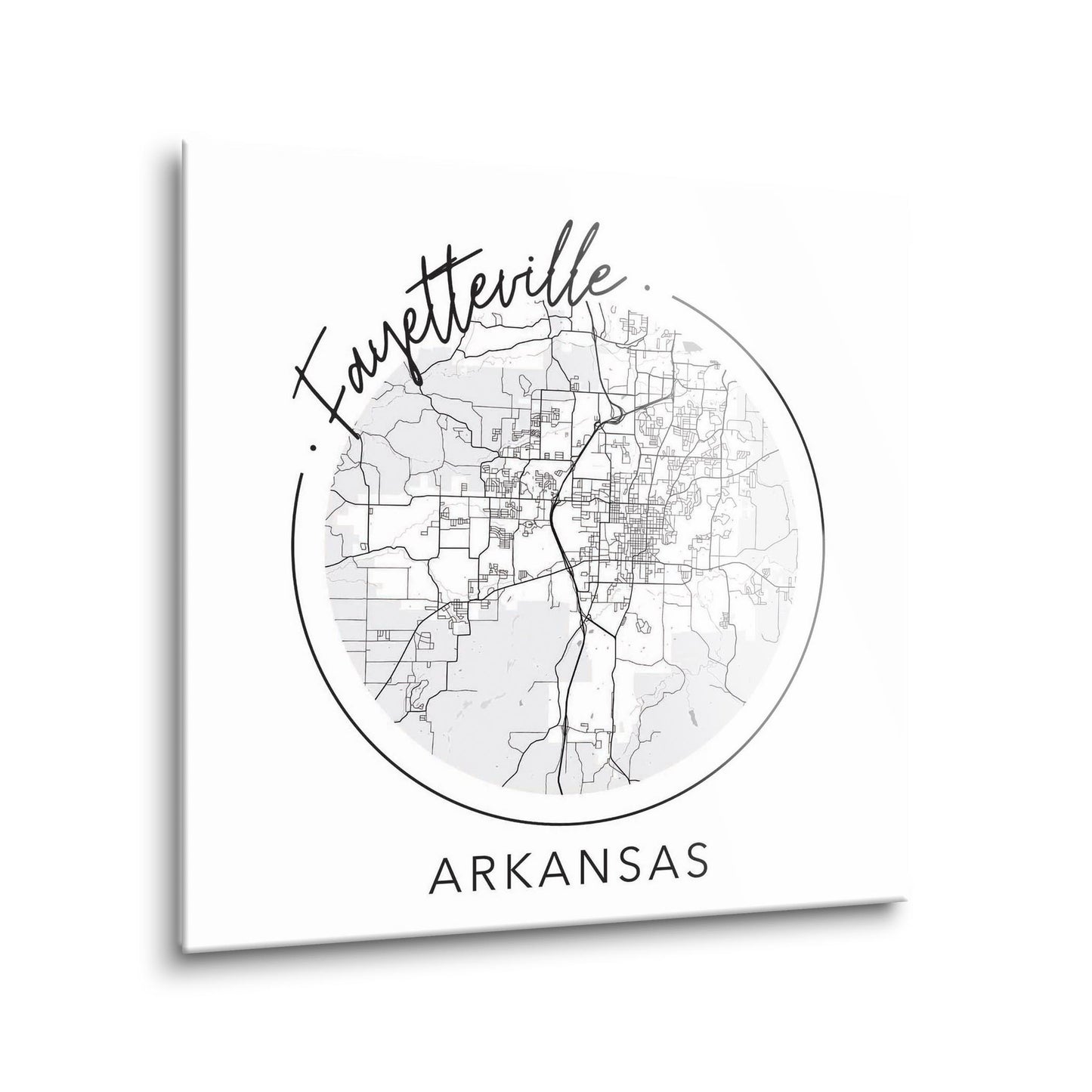 Minimalist B&W Arkansas Fayetteville Circle Map | Hi-Def Glass Art | Eaches | Min 1