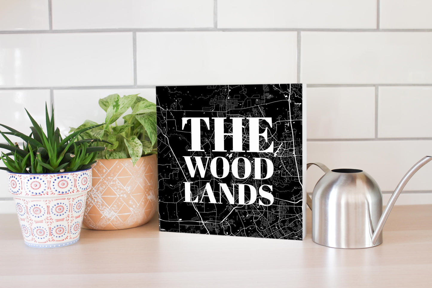 Minimalistic B&W Texas The Woodlands Map | Wood Block | Eaches | Min 2