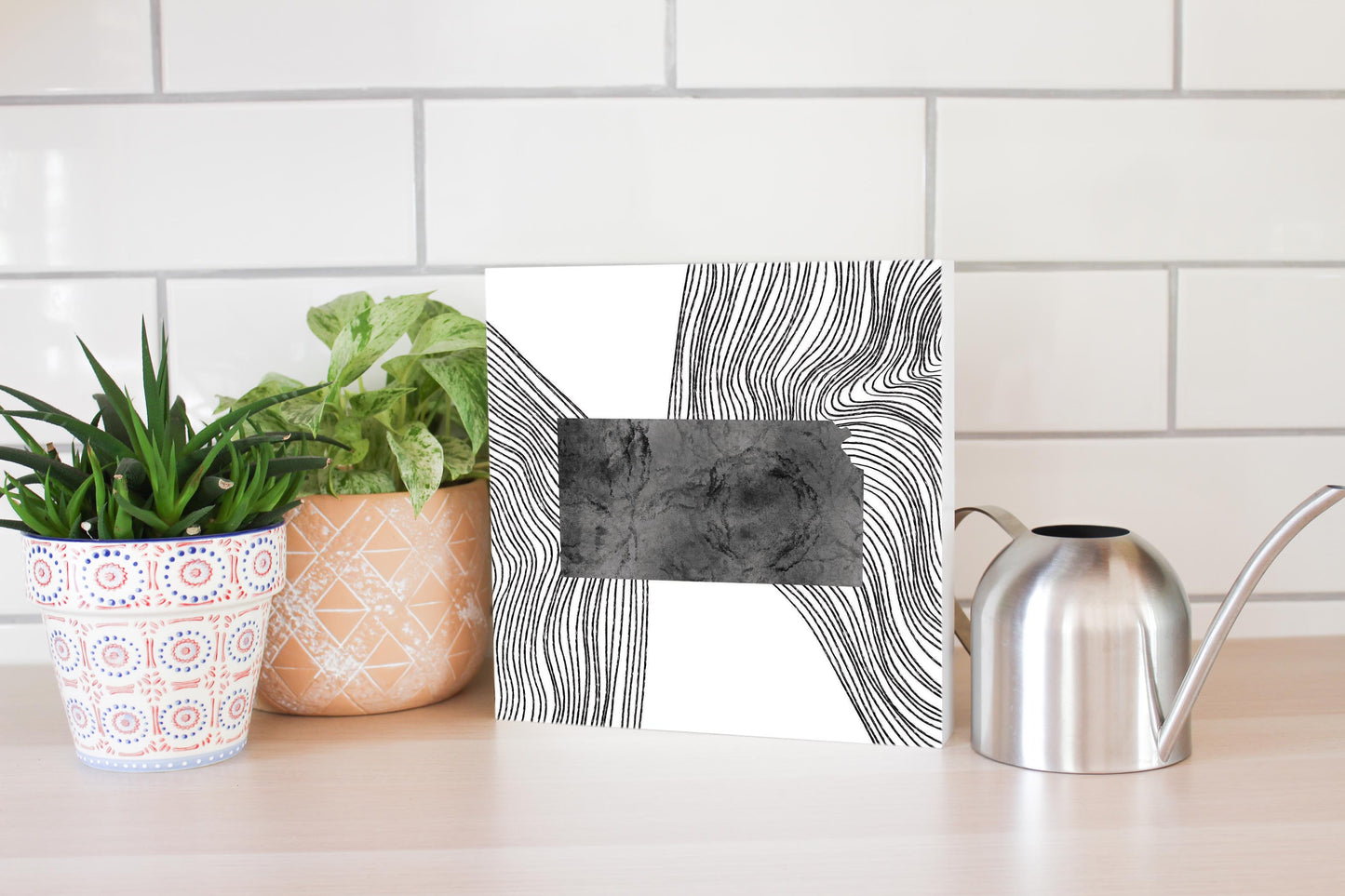 Minimalist B&W Kansas State With Fluid Lines| Wood Block | Eaches | Min 2