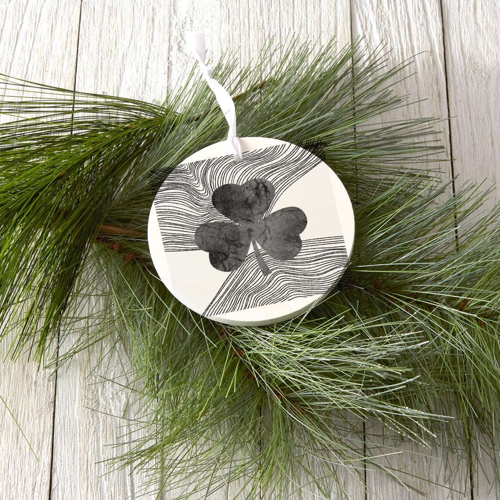 Minimalistic B&W Shamrock Fluid Lines | Wood Ornament | Eaches | Min 6