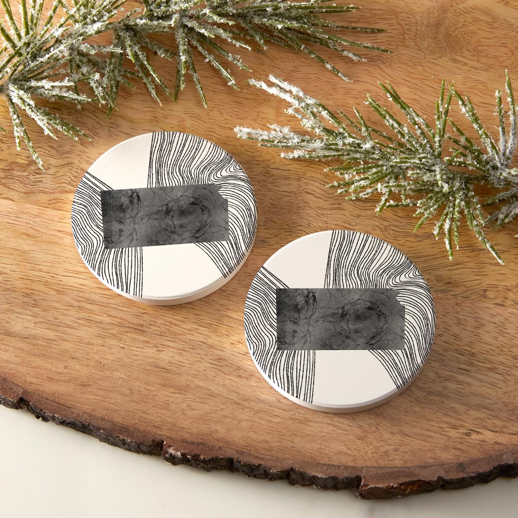 Minimalist B&W Kansas State With Fluid Lines | Absorbent Car Coasters | Set of 2 | Min 4