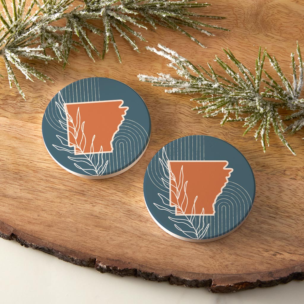 Modern Minimalist Arkansas State Shape With Leaf | Absorbent Car Coasters | Set of 2 | Min 4