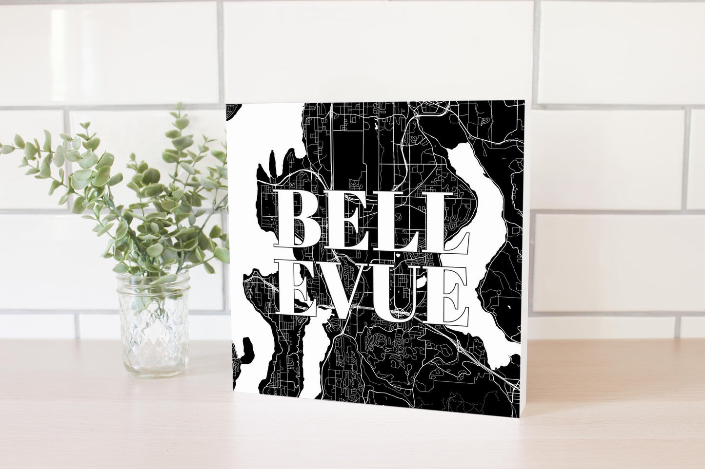 Minimalistic B&W Washington Bellevue Map | Wood Block | Eaches | Min 2