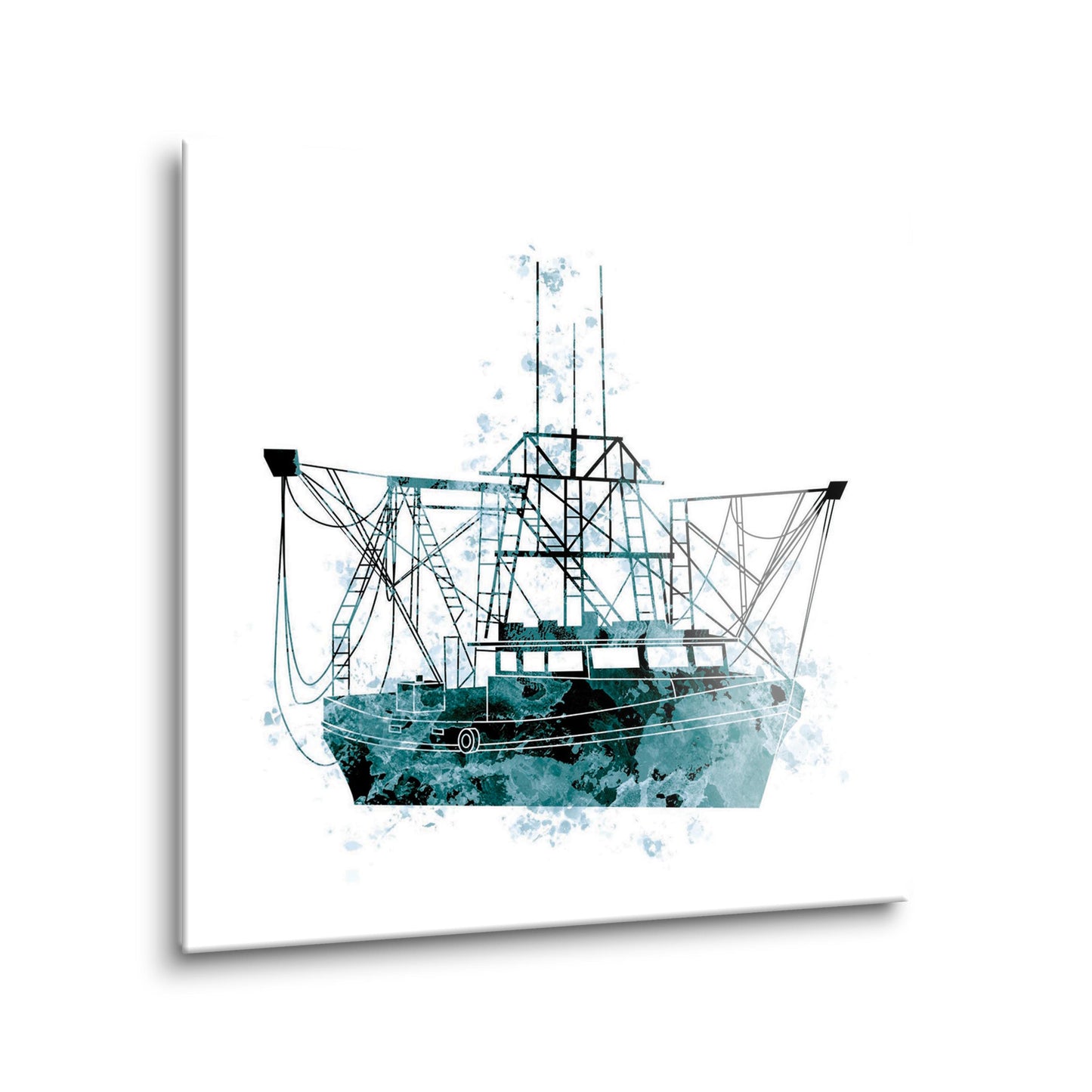 Blue White Water Color Shrimp Boat | Hi-Def Glass Art | Eaches | Min 2