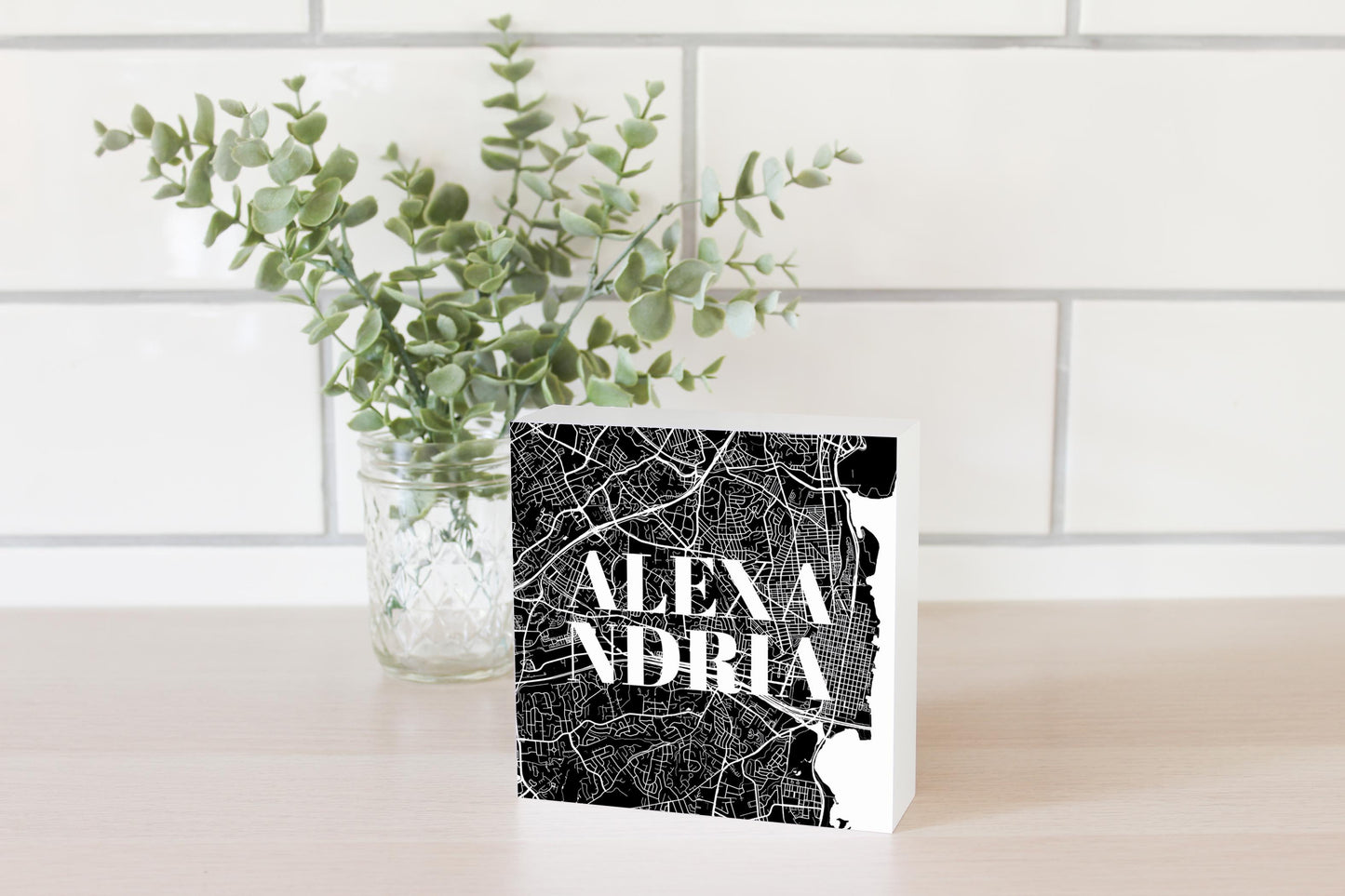 Minimalistic B&W Virginia Alexandria Map | Wood Block | Eaches | Min 4